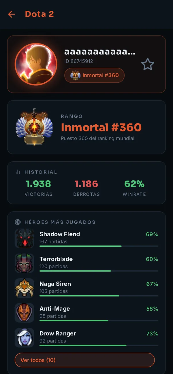 Perfil de Dota 2 en Kairo: rango Inmortal número 360, 62 por ciento de winrate y héroes más jugados