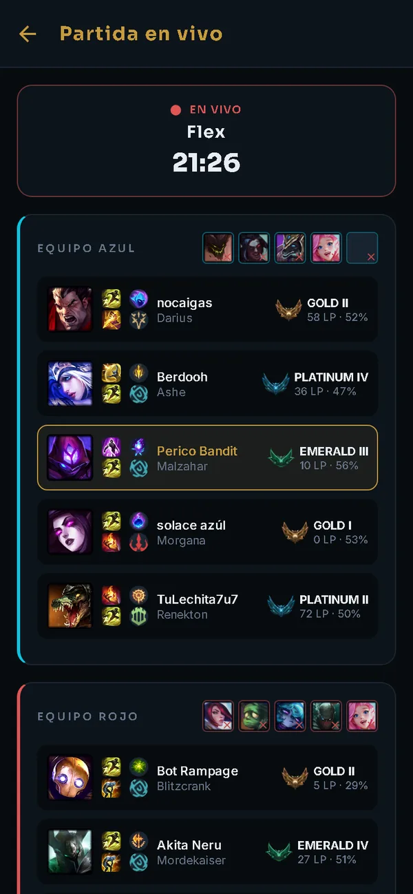 Partida en vivo de LoL: cronómetro, equipo azul con hechizos, runas y rango de cada jugador, y campeones baneados