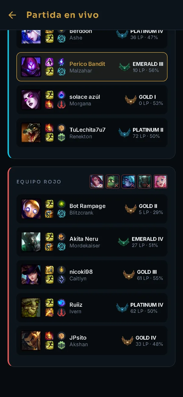 Partida en vivo de LoL: equipo rojo con los cinco rivales, sus rangos, winrate y baneos