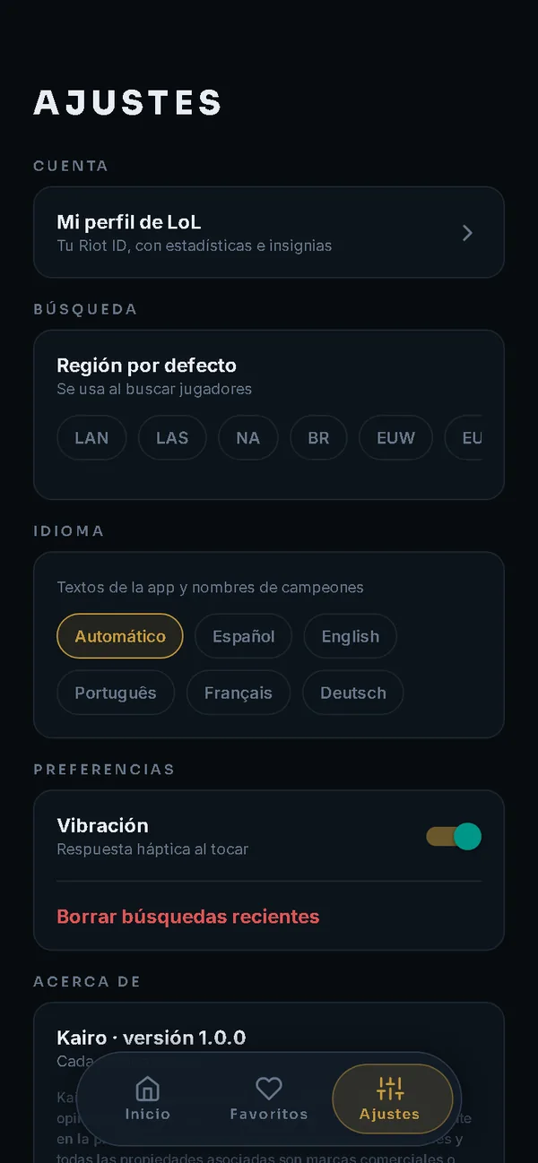 Ajustes con región por defecto e idiomas