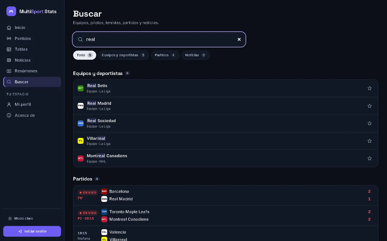 Resultados de búsqueda de la palabra real agrupados en equipos y partidos