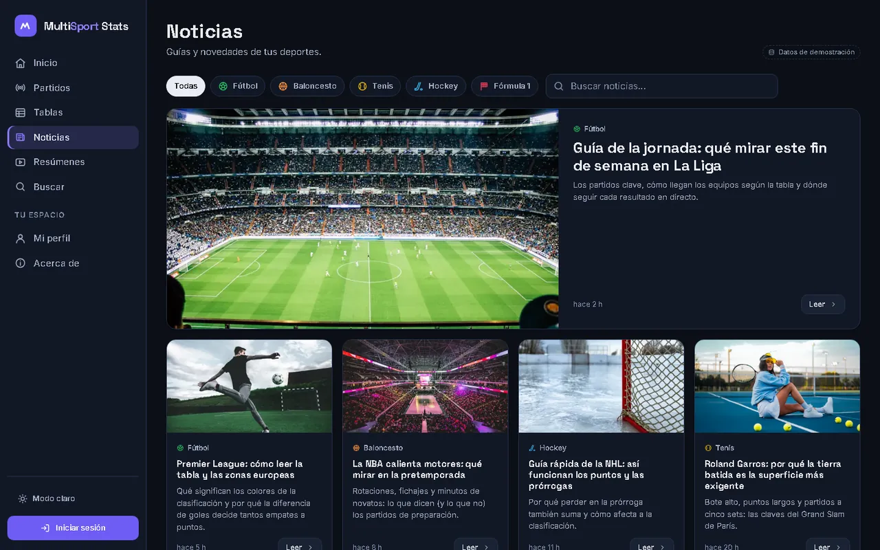 Portada de noticias con una guía destacada y tarjetas por deporte