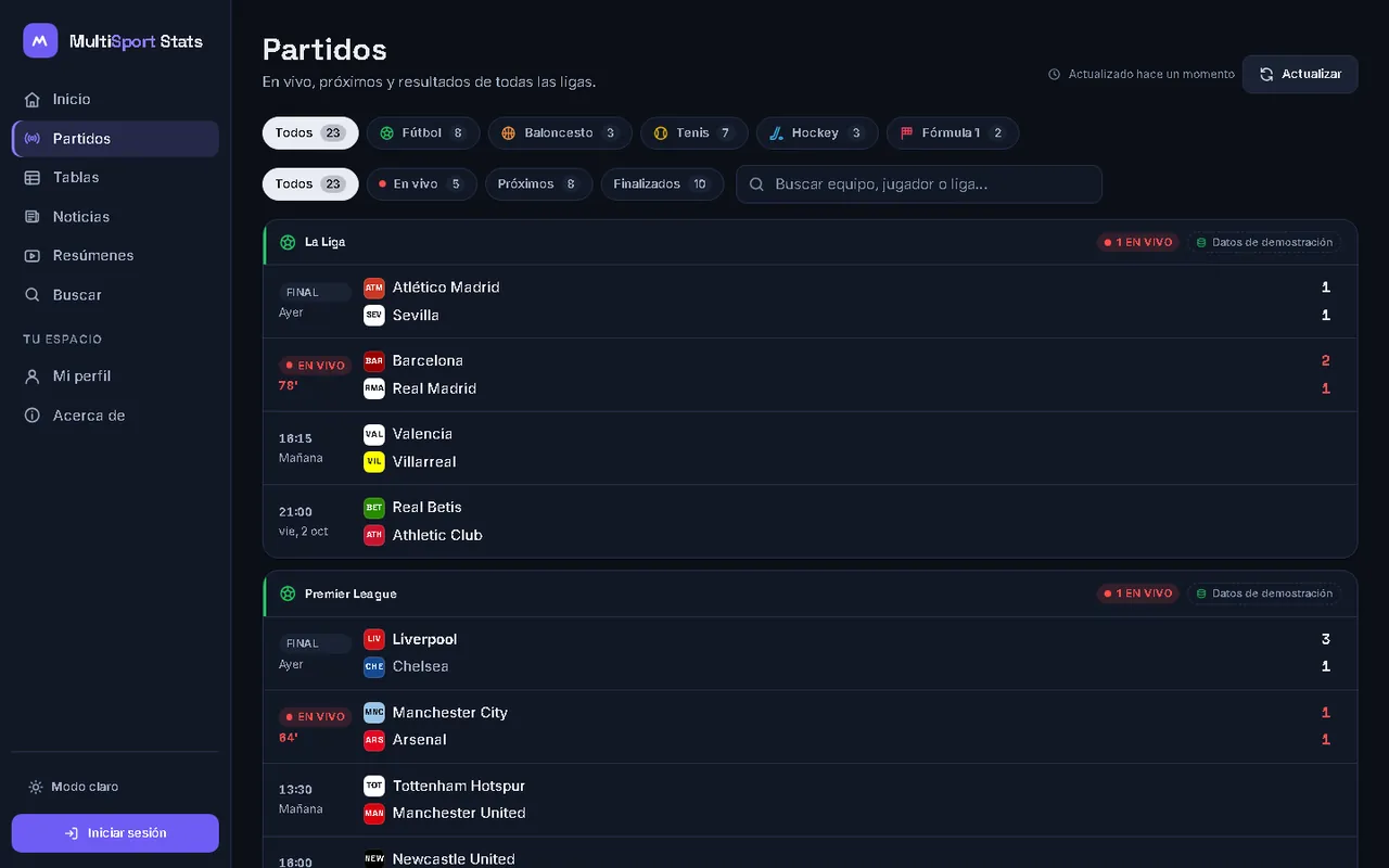 Página de partidos con filtros por deporte y estado y la lista agrupada por liga