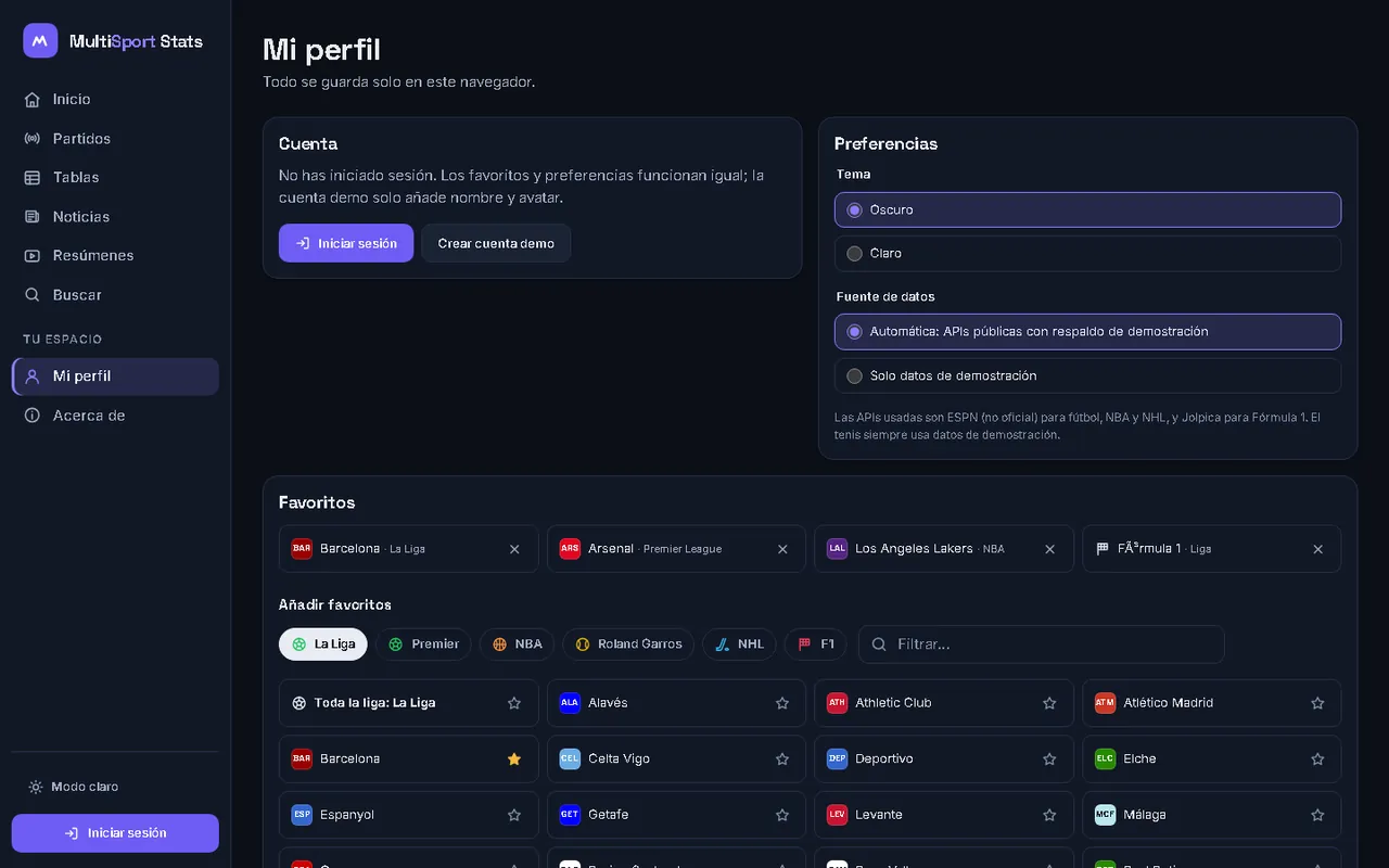 Perfil con el gestor de favoritos y las preferencias de tema y fuente de datos